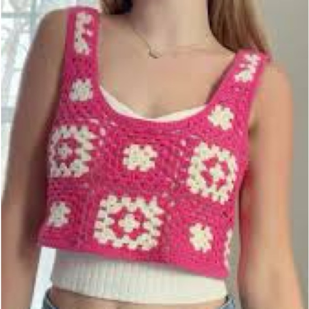 Forever 21 Crochet Crop Top Pink White Floral Knit Boho Size S